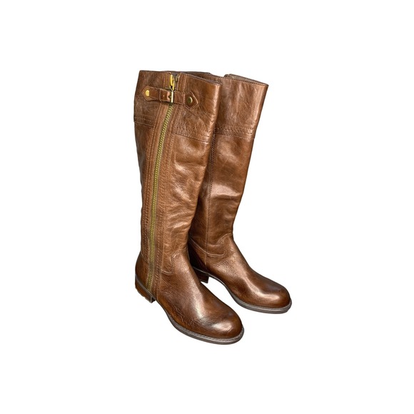 Franco Sarto Brown Leather Knee High Riding Boots Gold Zip Accent and Buckle 6 - Picture 1 of 10